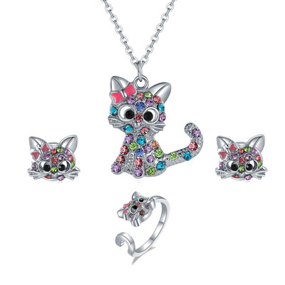 Set de bijuterii pentru pisici de cristal de modă, drăguț, animale curcubeu, pisică, roz, albastru, inele, colier pentru femei, fete, accesorii de bijuterii