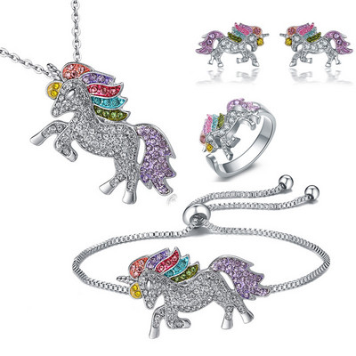 Set de bijuterii pentru pisici de cristal de modă, drăguț, animale curcubeu, pisică, roz, albastru, inele, colier pentru femei, fete, accesorii de bijuterii
