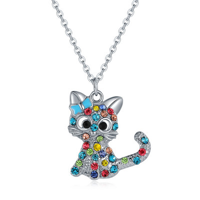 Set de bijuterii pentru pisici de cristal de modă, drăguț, animale curcubeu, pisică, roz, albastru, inele, colier pentru femei, fete, accesorii de bijuterii