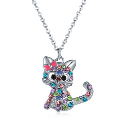 Set de bijuterii pentru pisici de cristal de modă, drăguț, animale curcubeu, pisică, roz, albastru, inele, colier pentru femei, fete, accesorii de bijuterii