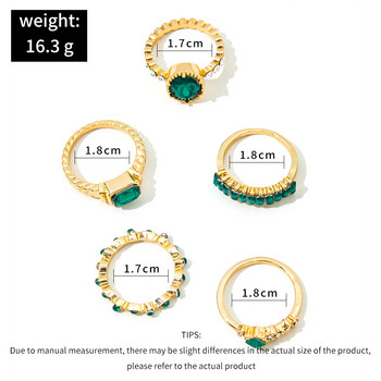 Aprilwell 5Pcs Green Crystal Rings Set за жени позлатени ретро естетични геометрични луксозни Anillos дамски бижута подаръци Bague