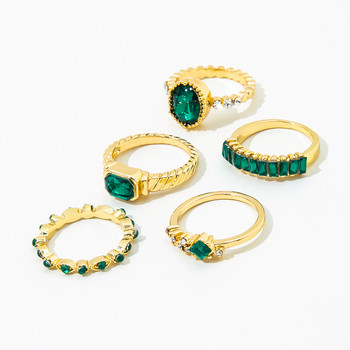 Aprilwell 5Pcs Green Crystal Rings Set за жени позлатени ретро естетични геометрични луксозни Anillos дамски бижута подаръци Bague