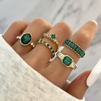 Aprilwell 5Pcs Green Crystal Rings Set за жени позлатени ретро естетични геометрични луксозни Anillos дамски бижута подаръци Bague