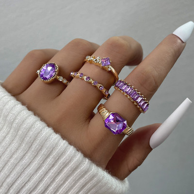 Aprilwell Set de 5 bucăți de inele cu cristale verzi pentru femei placate cu aur, vintage, estetice, geometrice, de lux, bijuterii, cadouri, bague