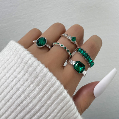 Aprilwell Set de 5 bucăți de inele cu cristale verzi pentru femei placate cu aur, vintage, estetice, geometrice, de lux, bijuterii, cadouri, bague