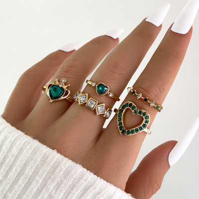 Aprilwell Set de 5 bucăți de inele cu cristale verzi pentru femei placate cu aur, vintage, estetice, geometrice, de lux, bijuterii, cadouri, bague