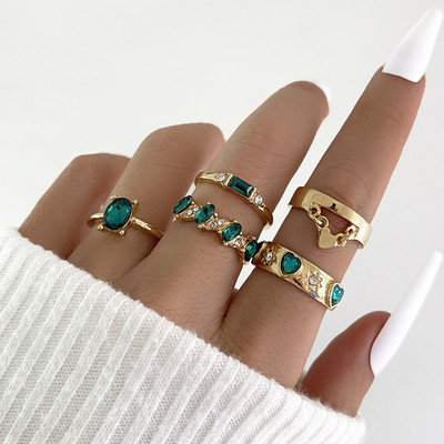 Aprilwell Set de 5 bucăți de inele cu cristale verzi pentru femei placate cu aur, vintage, estetice, geometrice, de lux, bijuterii, cadouri, bague