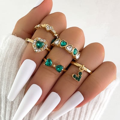 Aprilwell Set de 5 bucăți de inele cu cristale verzi pentru femei placate cu aur, vintage, estetice, geometrice, de lux, bijuterii, cadouri, bague