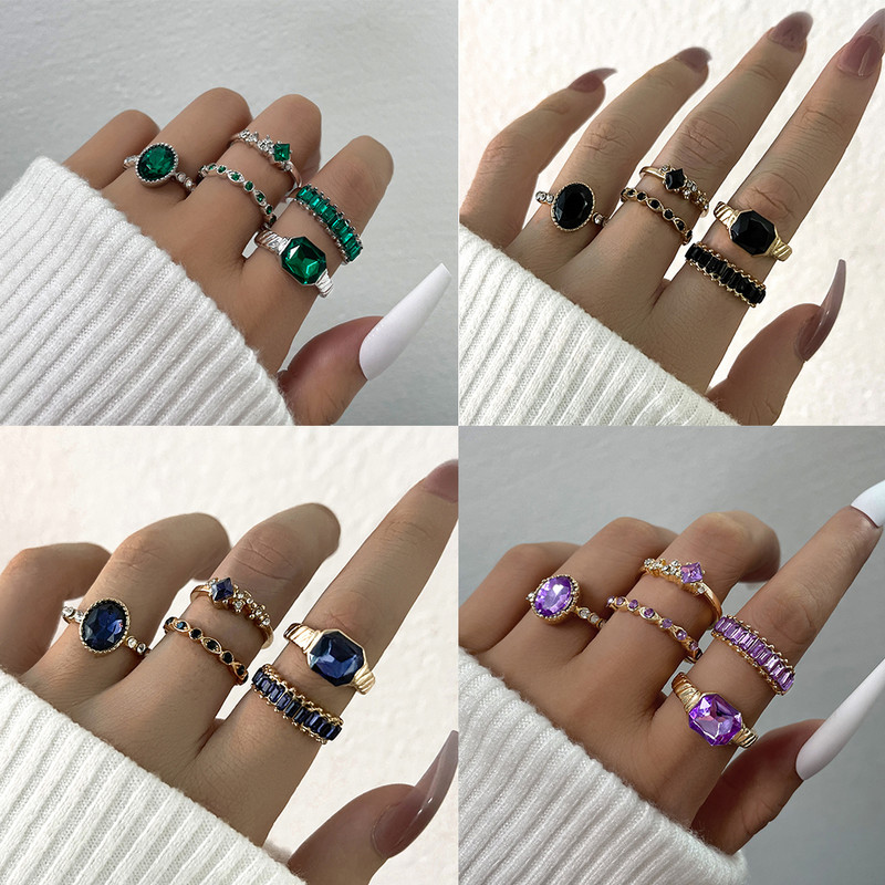 Aprilwell Set de 5 bucăți de inele cu cristale verzi pentru femei placate cu aur, vintage, estetice, geometrice, de lux, bijuterii, cadouri, bague