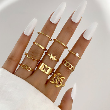Бохо златен цвят 22 бр. Комплект пръстени със сърца за жени Реколта Геометричен кръст Перлен пръстен с пеперуда Дамски модни бижута за 2022 г.