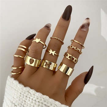 Бохо златен цвят 22 бр. Комплект пръстени със сърца за жени Реколта Геометричен кръст Перлен пръстен с пеперуда Дамски модни бижута за 2022 г.