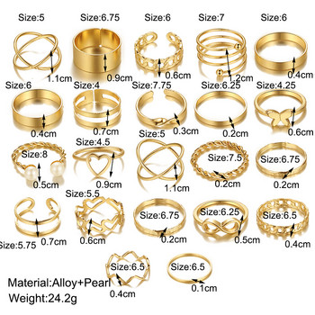 Boho Χρυσό Χρώμα 22 τμχ Δαχτυλίδι Καρδιά Σετ Γυναικείο Vintage Γεωμετρικός Σταυρός Περλέ Δαχτυλίδι Πεταλούδα Γυναικεία Μοντέρνα κοσμήματα 2022