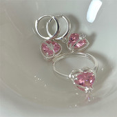 Корейска мода реколта розов циркон любов сърце пръстени обеци за жени момичета естетичен комплект колие бижута аксесоари на едро