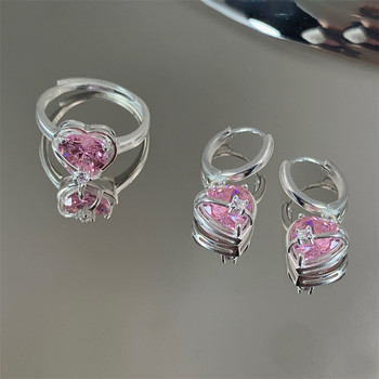 Корейска мода реколта розов циркон любов сърце пръстени обеци за жени момичета естетичен комплект колие бижута аксесоари на едро