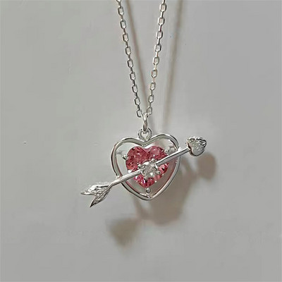 Корейска мода реколта розов циркон любов сърце пръстени обеци за жени момичета естетичен комплект колие бижута аксесоари на едро