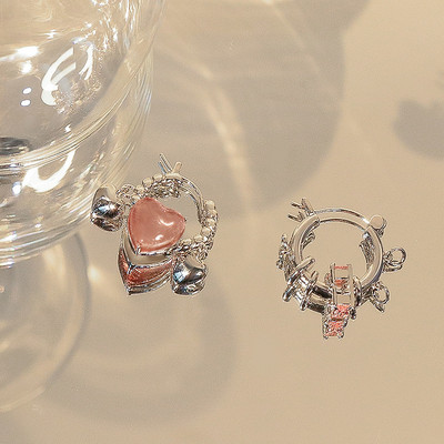 Корейска мода реколта розов циркон любов сърце пръстени обеци за жени момичета естетичен комплект колие бижута аксесоари на едро