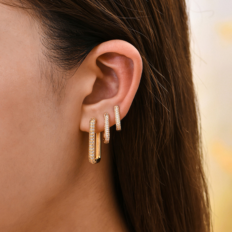 Cercei cu cerc din zirconiu cubic alb, pătrați, geometrici, de modă, de metal, de culoare aurie, cercei mici, cu cataramă pentru ureche, bijuterii pentru femei