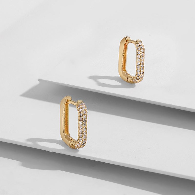 Cercei cu cerc din zirconiu cubic alb, pătrați, geometrici, de modă, de metal, de culoare aurie, cercei mici, cu cataramă pentru ureche, bijuterii pentru femei