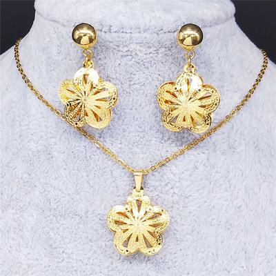 Islam Virág rozsdamentes acél ékszer készletek nőknek arany színű nyaklánc szett ékszer ensemble de bijoux en acier inoxidable luxe