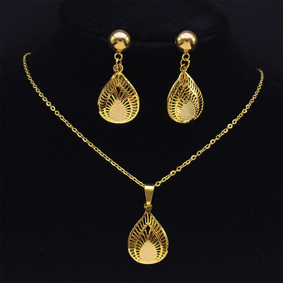 Islam Virág rozsdamentes acél ékszer készletek nőknek arany színű nyaklánc szett ékszer ensemble de bijoux en acier inoxidable luxe