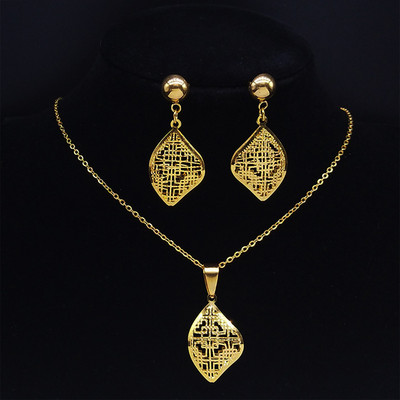 Islam Virág rozsdamentes acél ékszer készletek nőknek arany színű nyaklánc szett ékszer ensemble de bijoux en acier inoxidable luxe
