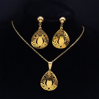 Islam Virág rozsdamentes acél ékszer készletek nőknek arany színű nyaklánc szett ékszer ensemble de bijoux en acier inoxidable luxe