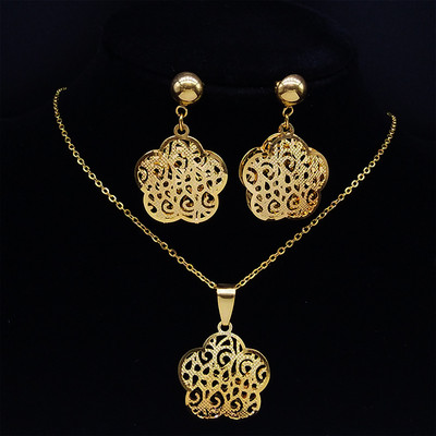 Islam Virág rozsdamentes acél ékszer készletek nőknek arany színű nyaklánc szett ékszer ensemble de bijoux en acier inoxidable luxe