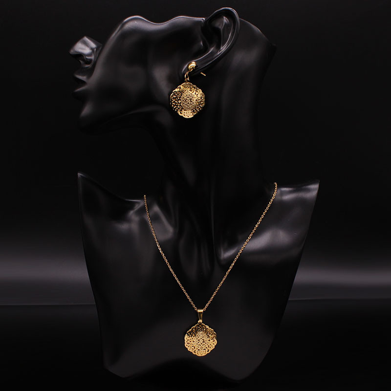 Islam Virág rozsdamentes acél ékszer készletek nőknek arany színű nyaklánc szett ékszer ensemble de bijoux en acier inoxidable luxe