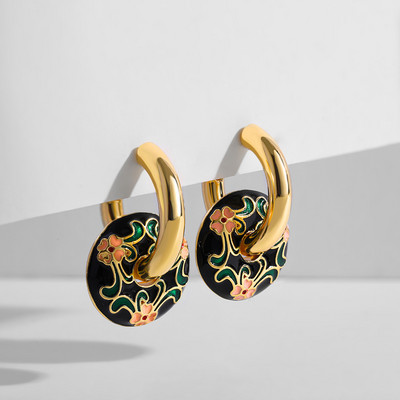 Cercei cu cerc mici cu flori emailate de epocă, cercei cu cerc rotund, bijuterii de modă Brincos