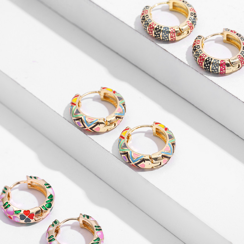 Cercei cu cerc mici cu flori emailate de epocă, cercei cu cerc rotund, bijuterii de modă Brincos