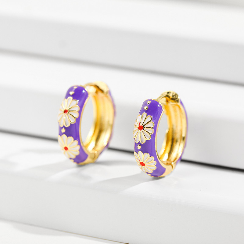 Cercei cu cerc mici cu flori emailate de epocă, cercei cu cerc rotund, bijuterii de modă Brincos