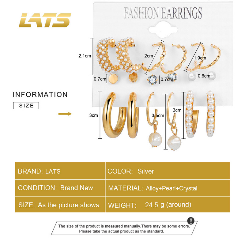 Set de cercei cu cerc de perle la modă LATS pentru femei Cercei cu cerc din metal de culoare argintie geometric Brincos 2022 Bijuterii de tendință cadou