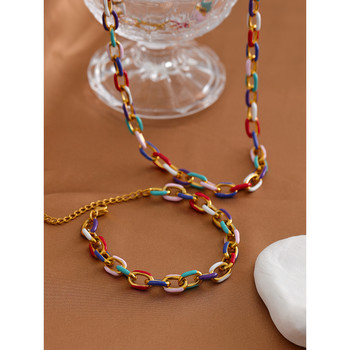 Yhpup Rainbow Enamel Chain Колие Комплект гривни Комплект от неръждаема стомана 316L 18 K PVD покритие Водоустойчиви бижута Y2K Парти подарък