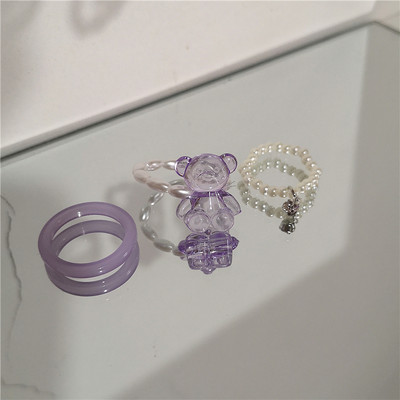 2022 Kpop drăguț gotic violet urs transparent inimă rășină acrilic margele inele set pentru femei Egirl BFF Y2K deget bijuterii estetice