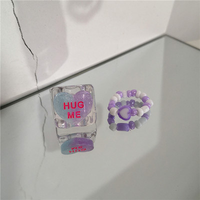 2022 Kpop drăguț gotic violet urs transparent inimă rășină acrilic margele inele set pentru femei Egirl BFF Y2K deget bijuterii estetice