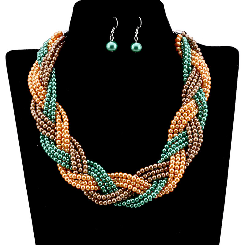 Legújabb eltúlzott, 9 gyöngyös szálból, becsomagolt Statement nyaklánc és fülbevaló ékszerkészletek női lányoknak