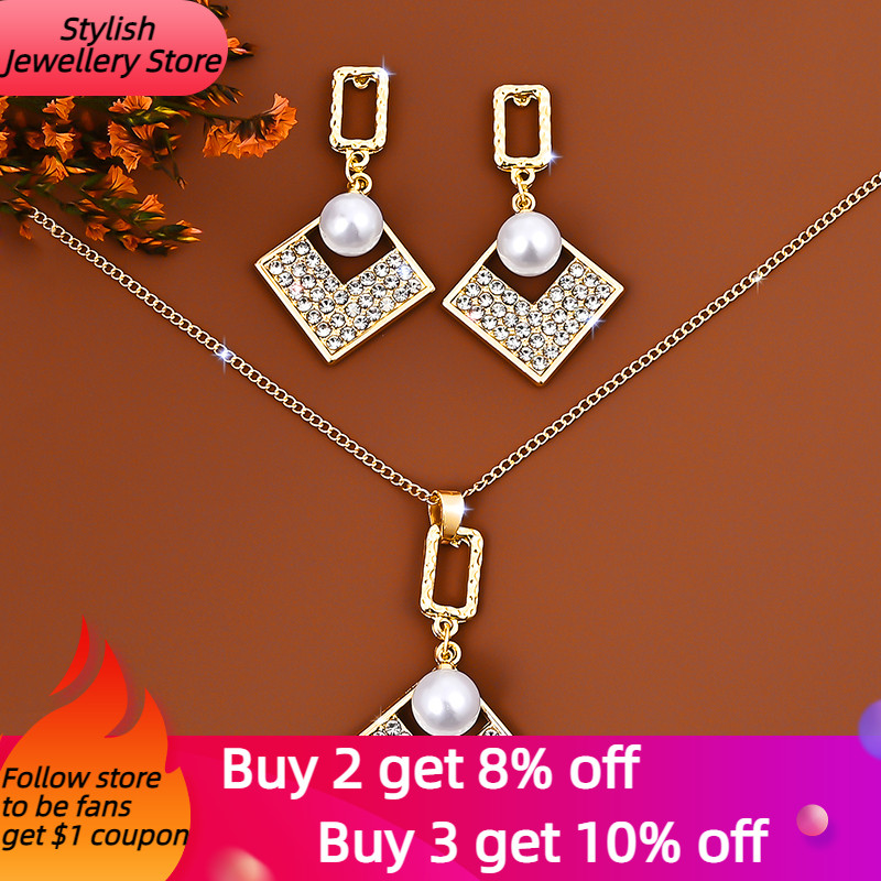 Szimulált gyöngy esküvői ékszer készletek Geometrikus medál láncok nyaklánc fülbevalók nőknek kecses menyasszonyi ékszer készlet