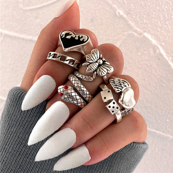Винтидж сребърен цвят Череп Сърце пръстени Комплект за жени Мъже Готически вериги Ретро пръстени 2021 Тенденция Модни бижута