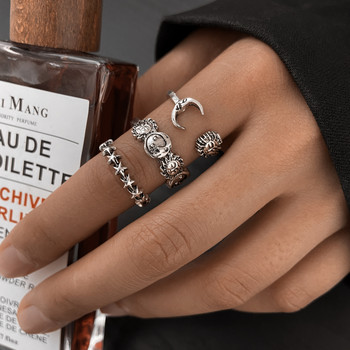 Винтидж сребърен цвят Череп Сърце пръстени Комплект за жени Мъже Готически вериги Ретро пръстени 2021 Тенденция Модни бижута