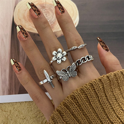 Vintage srebrne boje lubanje srce prstenje set za žene muškarce gotički lanac retro prstenje trend modni nakit 2021