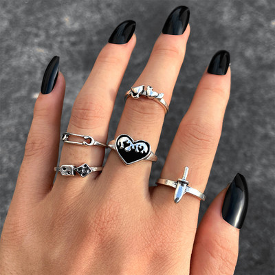 Vintage srebrne boje lubanje srce prstenje set za žene muškarce gotički lanac retro prstenje trend modni nakit 2021