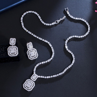 Colier de cercei pătrați geometrici ThreeGraces, cristal de zirconiu cubic strălucitor, set de bijuterii de modă pentru femei, cadou de petrecere nou TZ651