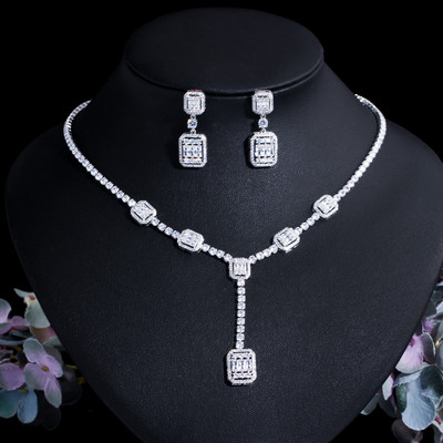 Colier de cercei pătrați geometrici ThreeGraces, cristal de zirconiu cubic strălucitor, set de bijuterii de modă pentru femei, cadou de petrecere nou TZ651