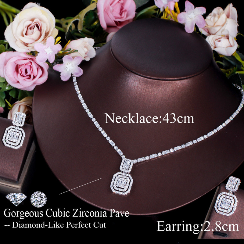 Colier de cercei pătrați geometrici ThreeGraces, cristal de zirconiu cubic strălucitor, set de bijuterii de modă pentru femei, cadou de petrecere nou TZ651
