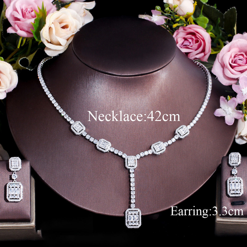 Colier de cercei pătrați geometrici ThreeGraces, cristal de zirconiu cubic strălucitor, set de bijuterii de modă pentru femei, cadou de petrecere nou TZ651