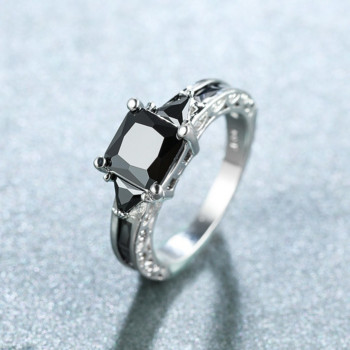 Деликатен сребърен цвят, модерен пръстен за жени, елегантна принцеса, инкрустиран с черни циркониеви камъни, брачен пръстен, годежни бижута
