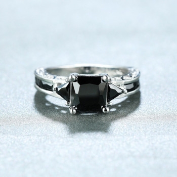 Деликатен сребърен цвят, модерен пръстен за жени, елегантна принцеса, инкрустиран с черни циркониеви камъни, брачен пръстен, годежни бижута