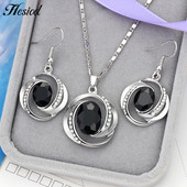 Set de bijuterii de mireasă de culoare argintie rafinat cristal austriac negru zircon geometrie pandantiv colier cercei pentru femeie cadou bijuterii