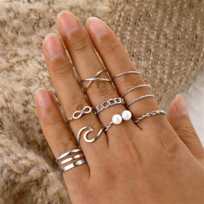 FNIO Punk paprastas sidabro spalvos geometrinis Hollw Out platus žiedų rinkinys moteriškas senovinis pirštų žiedų papuošalas