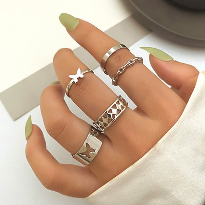 FNIO Punk paprastas sidabro spalvos geometrinis Hollw Out platus žiedų rinkinys moteriškas senovinis pirštų žiedų papuošalas